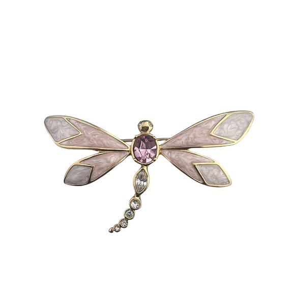 KJL for Avon Gold Tone Brooch Dragonfly Pink & Clear Rhinestones - Picture 1 of 8